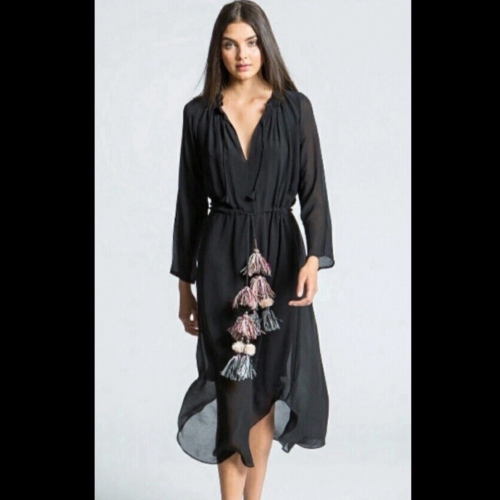 Misa Los Angeles Black Midi Dress with Multi-Color Tassels